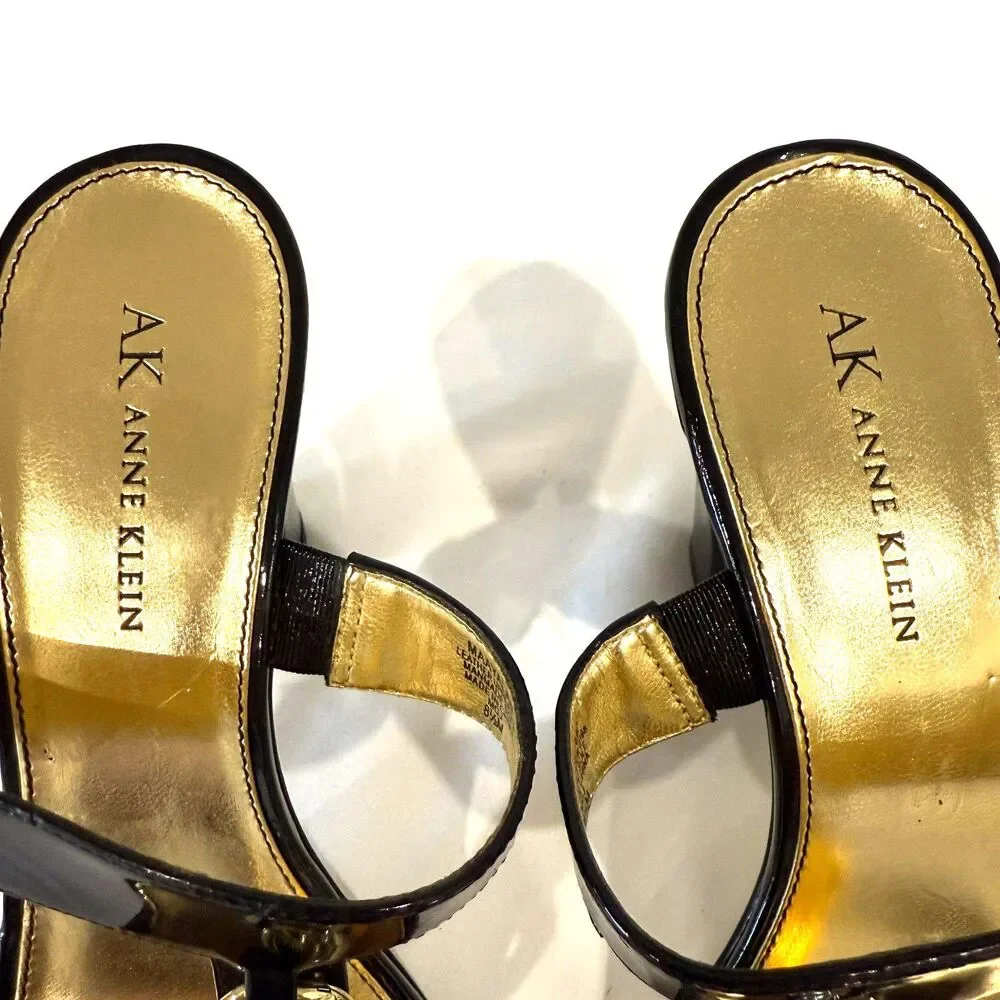 Anne Klein Black‎ Gold Chain Link Heels Sandal Slides Professional Womens 8.5